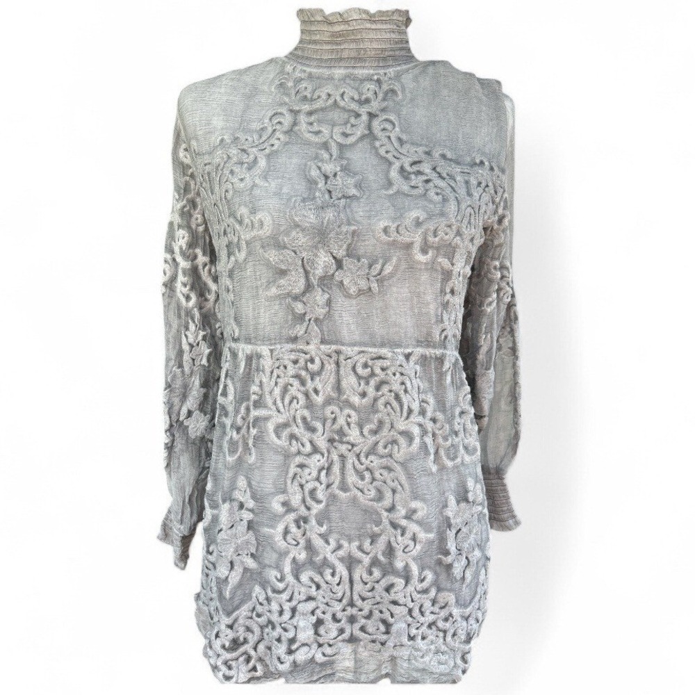 Soft‎ Surroundings Silk Embroidered Lace Tunic Top Gray Petite Medium PM